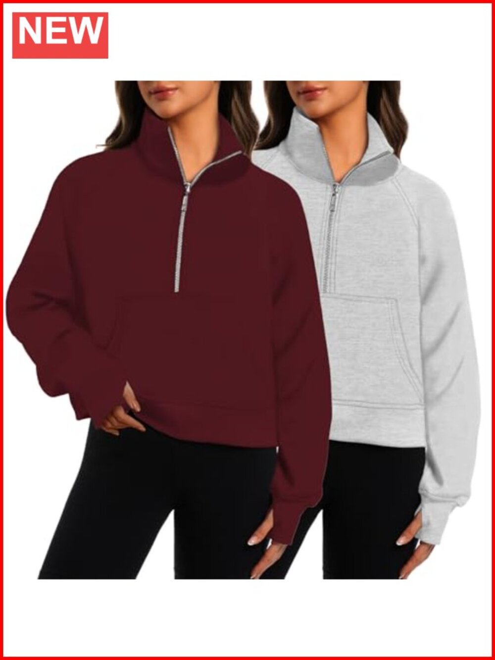 Womens Half Zip Cropped Pullover Sweatshirt Fleece Lined Hoodie 2 Pack